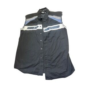 Harley Davidson Mens Medium Sleeveless Button Up Shirt Black Embroidered Biker